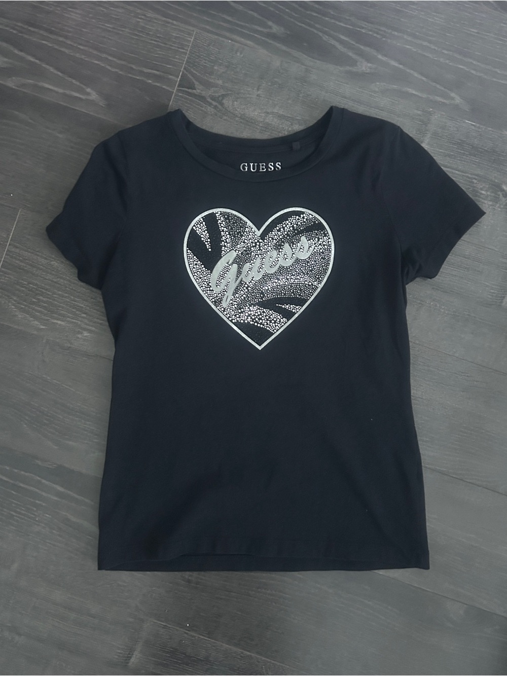 Guess Slim Fit Rhinestone Heart Logo Graphic Tee Black Medium